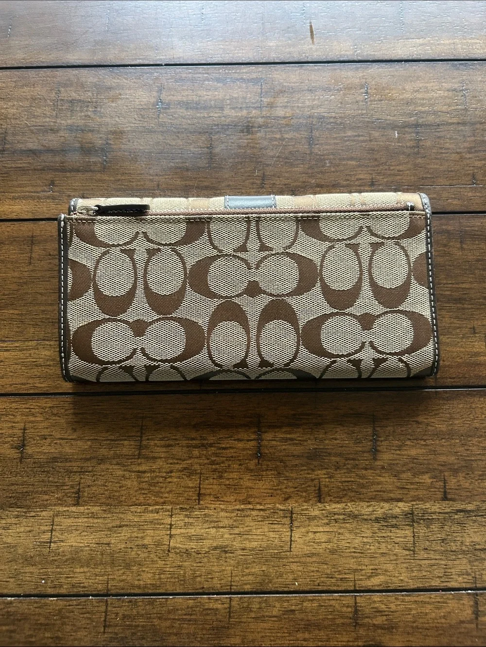 Coach Brown and Tan Signature Canvas Trifold Wallet